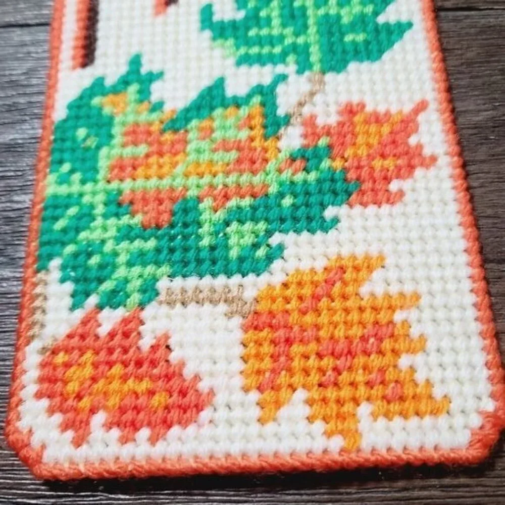 Vintage MCM Needlepoint Fall Leaves Plastic Door Hanger Orange Brown Retro